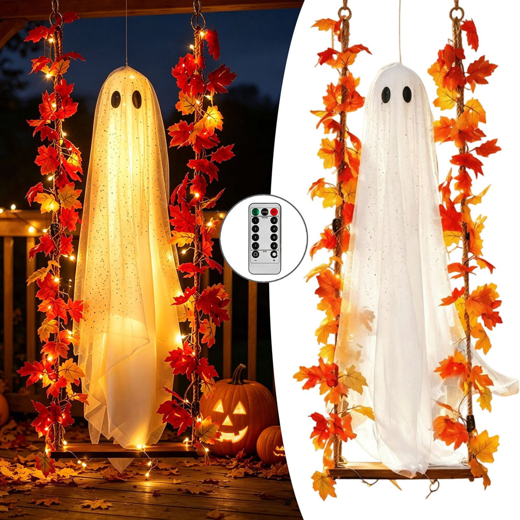 Spooksy™ Nnndbs Maple Leaf Mesh Ghost Hanging Ornament, Halloween Autumn Leaf Decor for Window Door Display, Spooky Fall Home Accent`