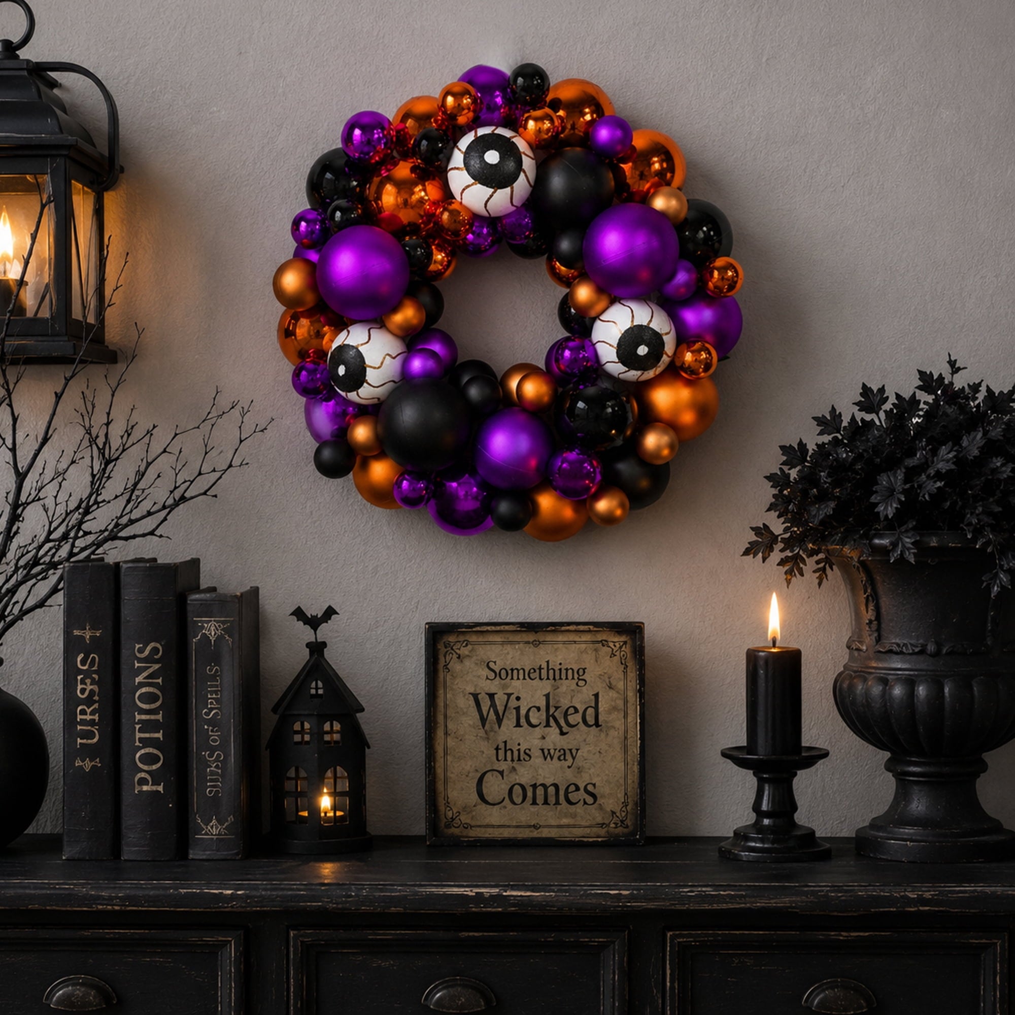 Spooksy™ Northlight Eyeballs and Shatterproof Ornaments Small Halloween Wreath - 13" - Purple and Black -