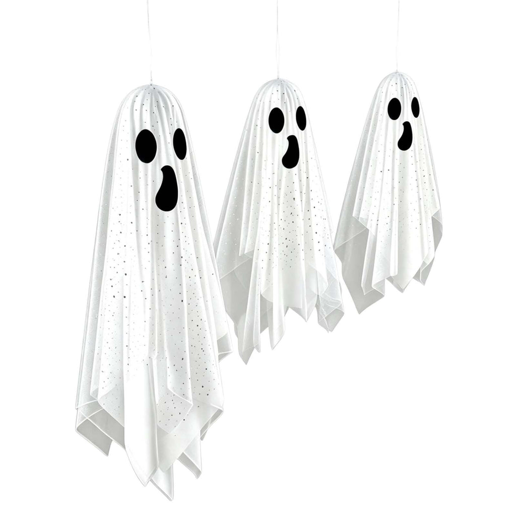 Spooksy™ OCCOA 3 Pack Hanging Ghost Decorations White Glitter Cloth Ghost Ornaments with Surprised Face for Halloween Indoor Outdoor Party Porch, White