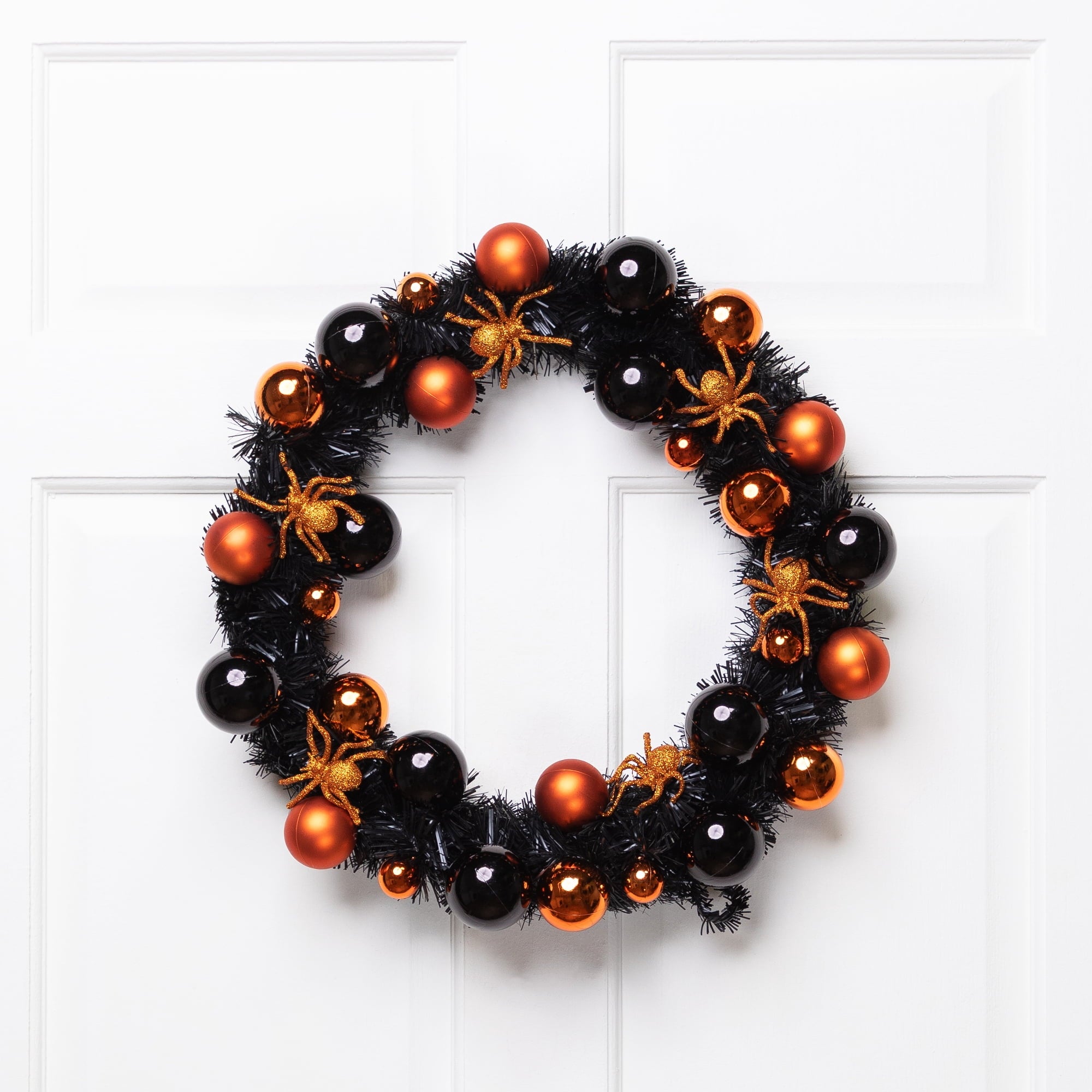 Spooksy™ Northlight Spiders and Ornaments Small Tinsel Halloween Wreath - 18" - Orange and Black - Unlit