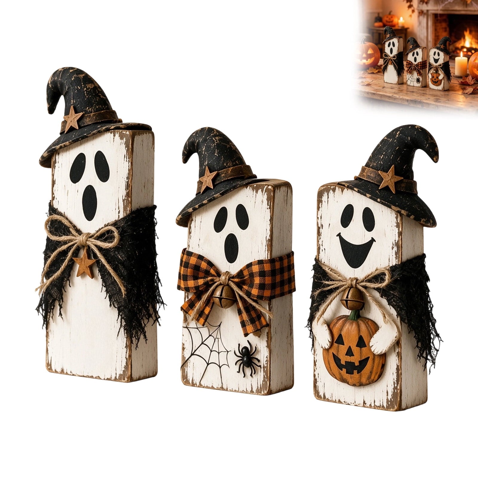 Spooksy™ PLLFRLRT Wooden Halloween Decorations Set Of 3 Fall Mantel Decor Ornaments Farmhouse Tabletop Signs with Witch Hat