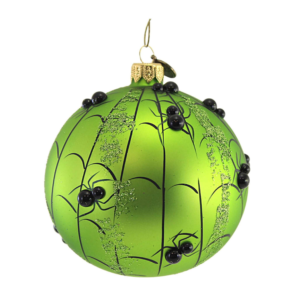 Spooksy™ Pumpkin With Spiders - 1 Glass Ornament 4.25 Inch, Glass - Halloween Ball Ornament Webs 2020231 GREEN