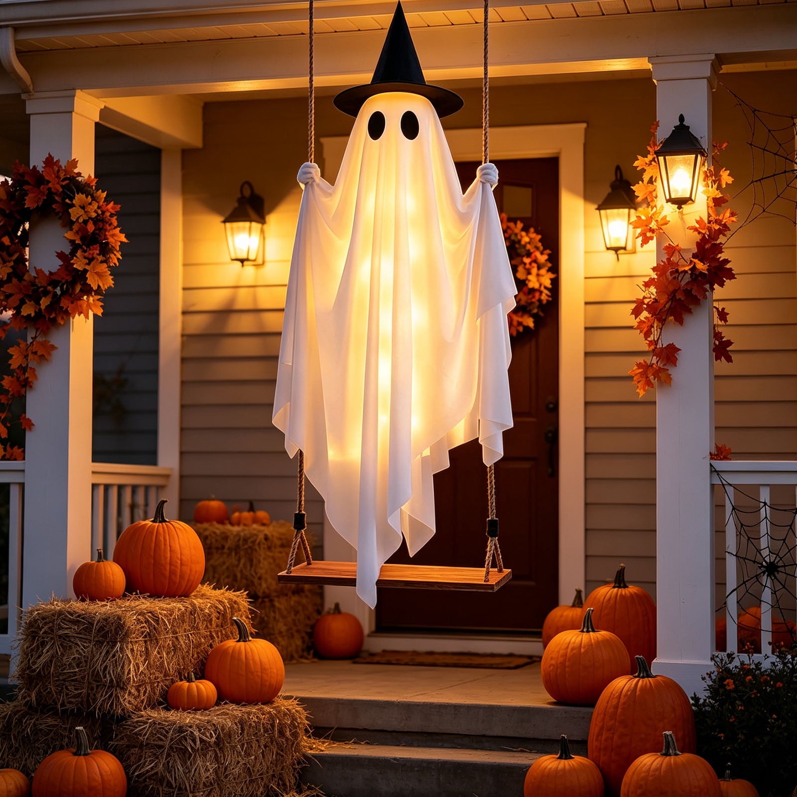 Spooksy™ Qwtwty Halloween Hanging Swinging Ghost Decor, Large Flying Ghost Halloween Ornaments with Witch Hat for Front Yard Patio Lawn Garden Party Decor