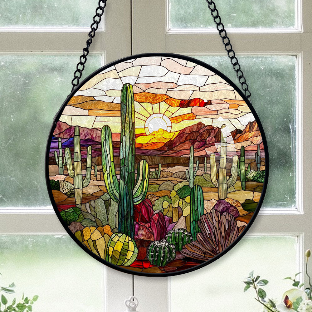Spooksy™ Seasonal Christmas Gift - Cactus Halloween Christmas Stained Glass Hanging Ornament - Holly & Pine Holiday Tree Decoration, Gift for Friends, Family, Mom & Dad