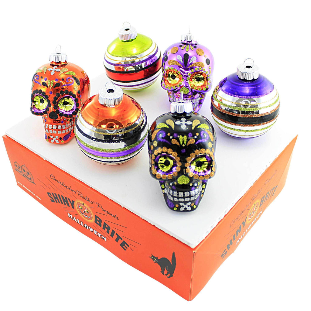 Spooksy™ Shiny Brite 3.25" Decorated Rounds & Skulls Ornament Halloween Skulls 4028052