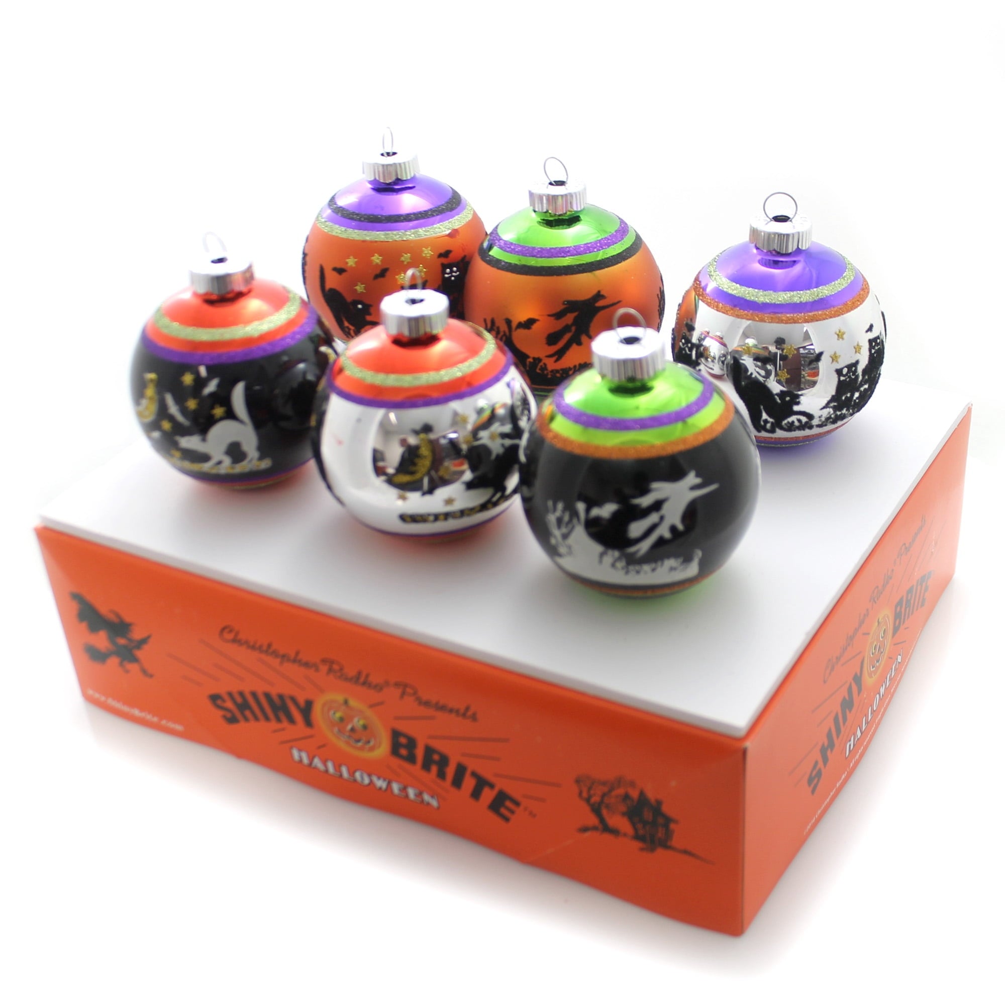 Spooksy™ Shiny Brite 3.25 Halloween Flocked Rounds Ornament Signature Cats Witch 4026976