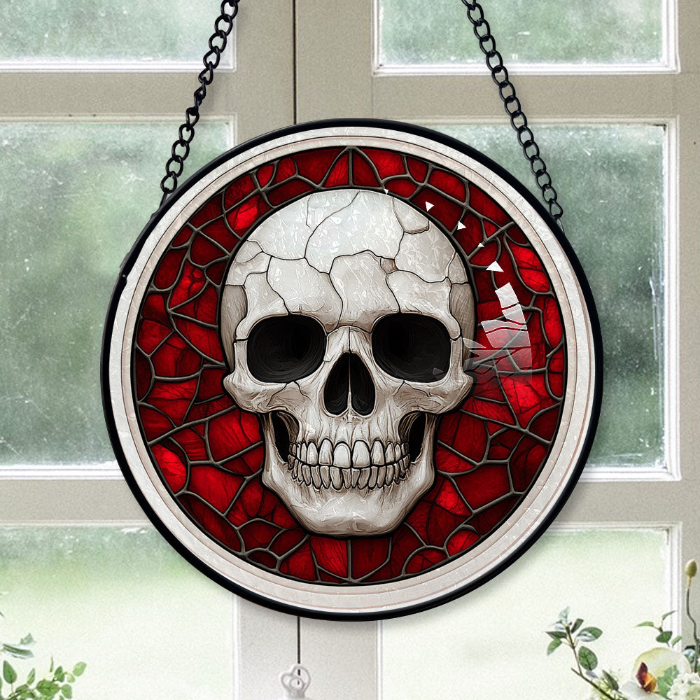 Spooksy™ Small Business Christmas Gift - Halloween White Skeleton Skull Spooky Reds Stained Glass Hanging Ornament - Merry Christmas Tree Decor, Thoughtful Holiday Gift for Mom, Dad, Friends, Family