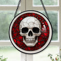 Spooksy™ Small Business Christmas Gift - Halloween White Skeleton Skull Spooky Reds Stained Glass Hanging Ornament - Merry Christmas Tree Decor, Thoughtful Holiday Gift for Mom, Dad, Friends, Family
