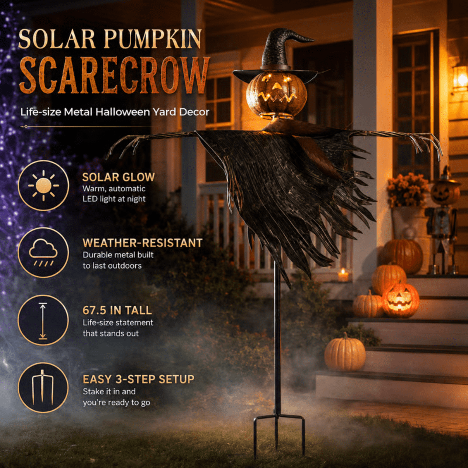 Spooksy™ Solar Lighted Pumpkin Scarecrow Sentinel, Handâ??Painted Metal Lightâ??Up Jackâ??oâ??Lantern Ornament, Solar Powered Yard Art, Spooky Decor for Halloween Party, Garden and Backyard