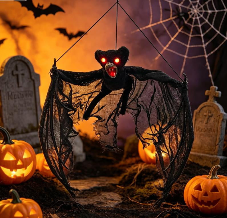 Spooksy™ Spooky Halloween Bat Hanging Prop, Large Scary Bat Decoration with LED Red Eyes, Creepy Black Bat Ornament for Halloween Haunted House, Door, Yard Decor