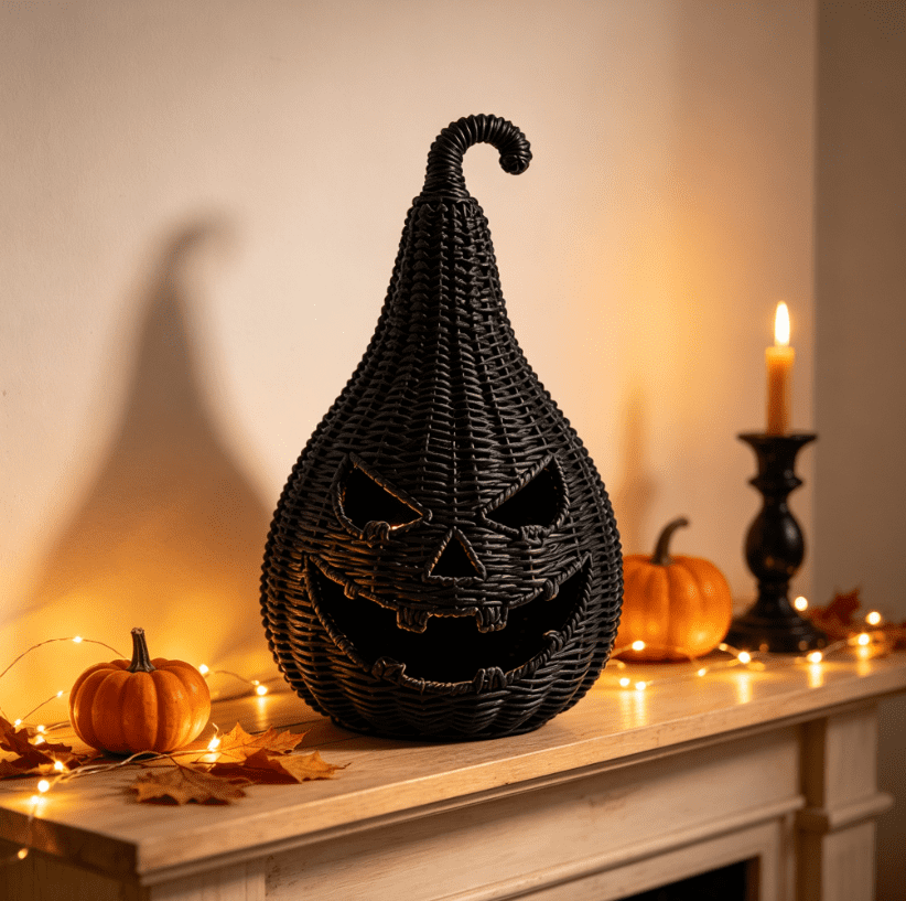 Spooksy™ THOPBPRK 11" Black Handwoven Rattan Teardrop Jack-O'-Lantern Pumpkin Decor, Halloween Tabletop Ornament, Indoor Fall Home Decoration, Pumpkin Ornament for Doorstep Halloween Party