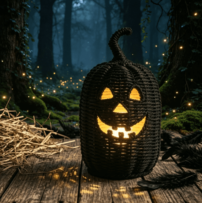 Spooksy™ THOPBPRK 11" Black Handwoven Rattan Teardrop Jack-O'-Lantern Pumpkin Decor, Halloween Tabletop Ornament, Indoor Fall Home Decoration, Pumpkin Ornament for Doorstep Halloween Party
