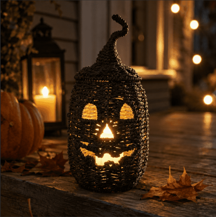 Spooksy™ THOPBPRK 11" Black Handwoven Rattan Teardrop Jack-O'-Lantern Pumpkin Decor, Halloween Tabletop Ornament, Indoor Fall Home Decoration, Pumpkin Ornament for Doorstep Halloween Party