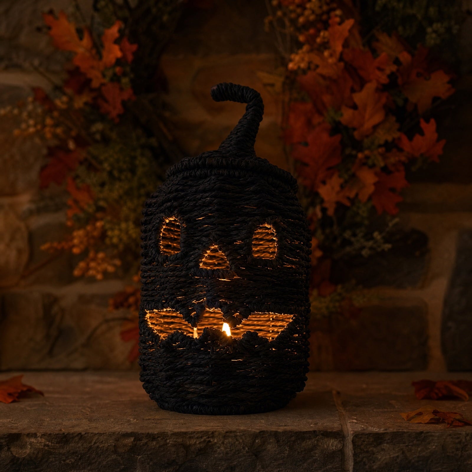 Spooksy™ THOPBPRK 11" Black Handwoven Rattan Teardrop Jack-O'-Lantern Pumpkin Decor, Halloween Tabletop Ornament, Indoor Fall Home Decoration, Pumpkin Ornament for Doorstep Halloween Party