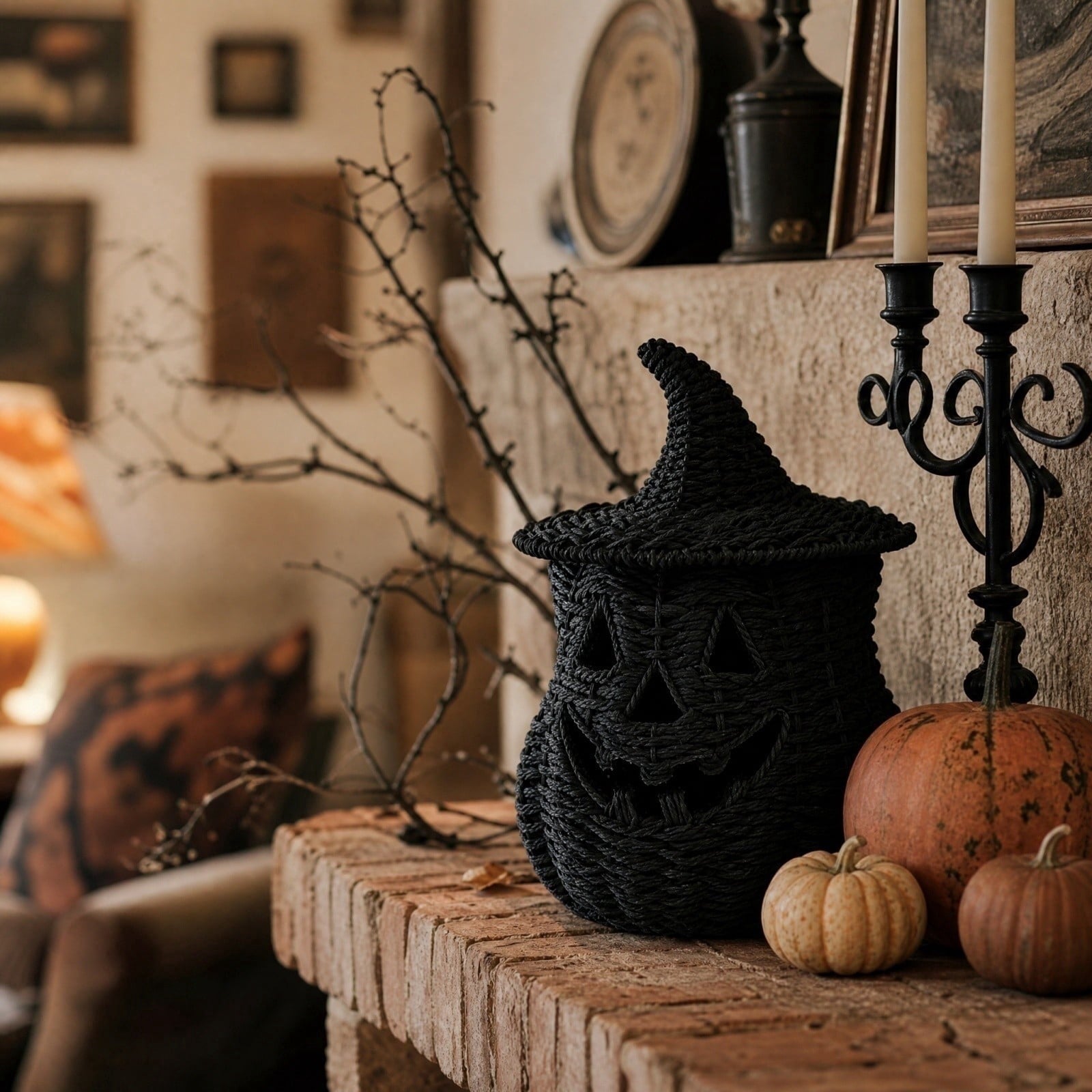 Spooksy™ THOPBPRK 11" Black Handwoven Rattan Teardrop Jack-O'-Lantern Pumpkin Decor, Halloween Tabletop Ornament, Indoor Fall Home Decoration, Pumpkin Ornament for Doorstep Halloween Party