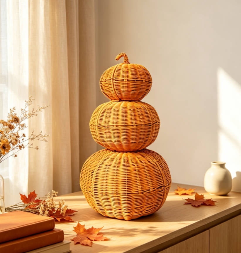 Spooksy™ THOPBPRK 11" Black Handwoven Rattan Teardrop Jack-O'-Lantern Pumpkin Decor, Halloween Tabletop Ornament, Indoor Fall Home Decoration, Pumpkin Ornament for Doorstep Halloween Party