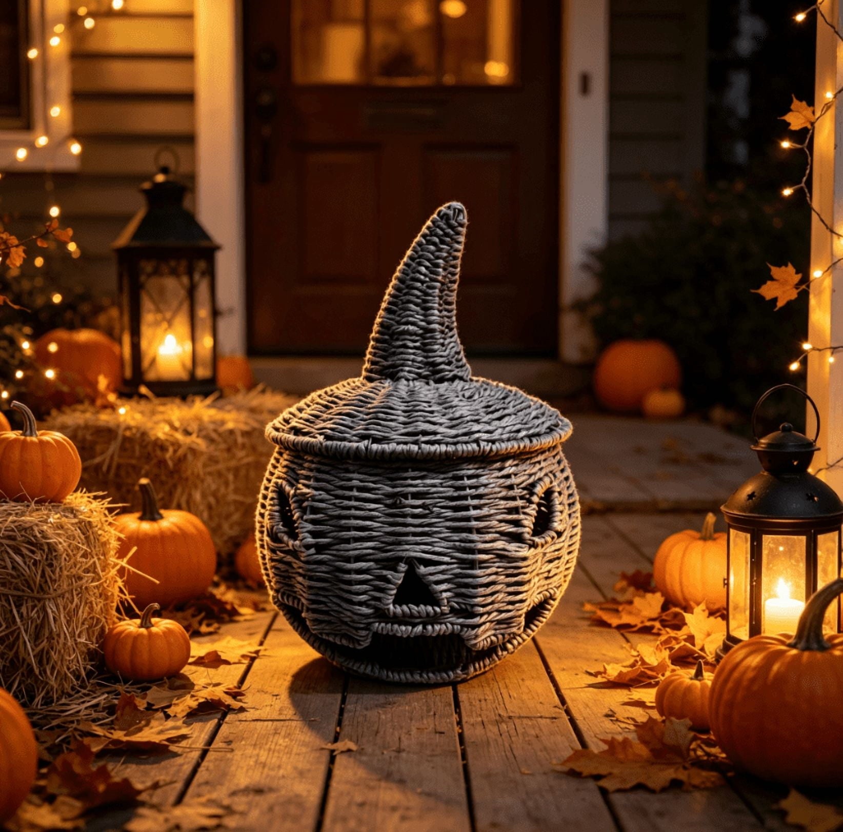 Spooksy™ THOPBPRK 11" Black Handwoven Rattan Teardrop Jack-O'-Lantern Pumpkin Decor, Halloween Tabletop Ornament, Indoor Fall Home Decoration, Pumpkin Ornament for Doorstep Halloween Party
