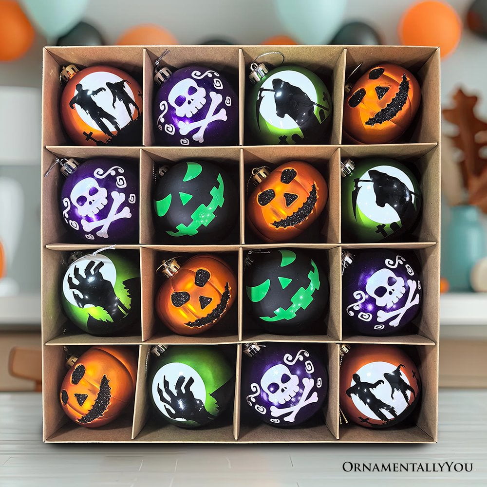 Spooksy™ The Face of Spooky Horror 16 Piece Ornament Shatterproof Bundle Set, Halloween Pumpkin, Zombie, and Goblin