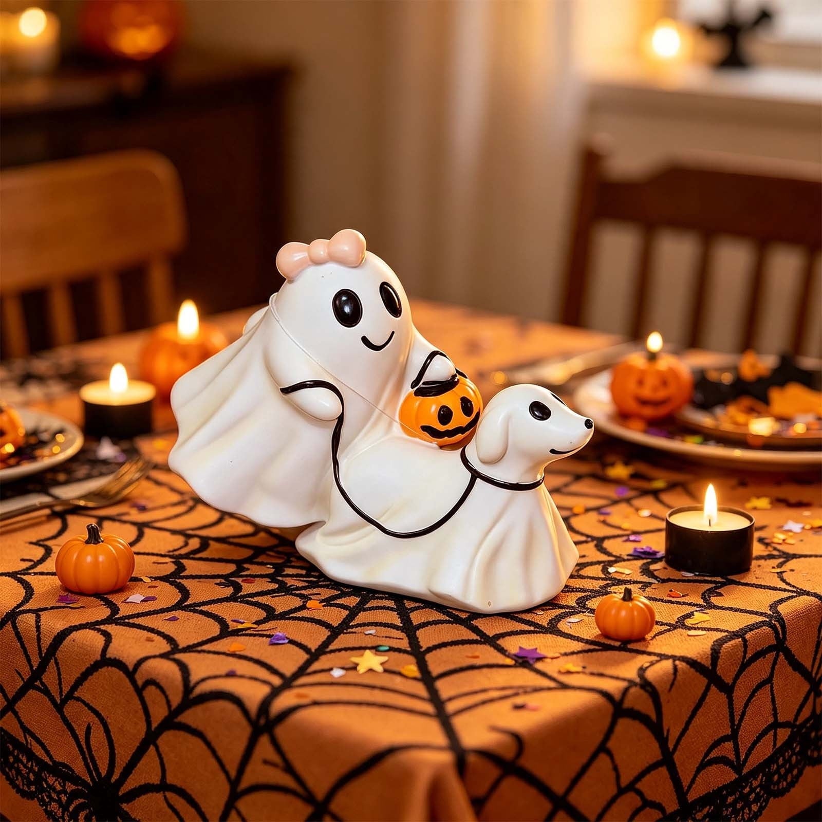 Spooksy™ Vintage Halloween Ghost Statue, Resin Gothic Figurine Ornament with Classic Spooky Character Design, Handcrafted Tabletop Decoration for Shelf Mantel Coffee Table Bar Holiday Party Home Display-A