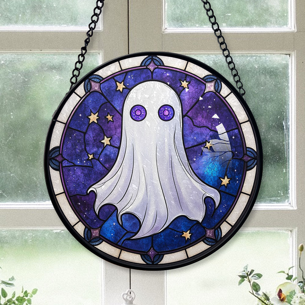 Spooksy™ Vintage Style Christmas Gift - Halloween White Cute Ghosts Spooky Oranges Stained Glass Hanging Ornament - Snow-Dusted Pines Christmas Tree Decor, Gift for Family & Friends, Keepsake 2025