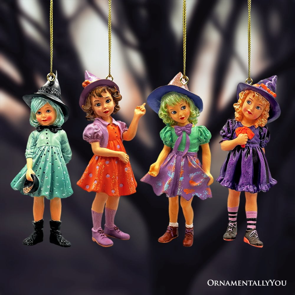 Spooksy™ Classic Victorian Little Witch Girls Set of 4 Ornaments, Vintage Halloween Tree Resin Decoration