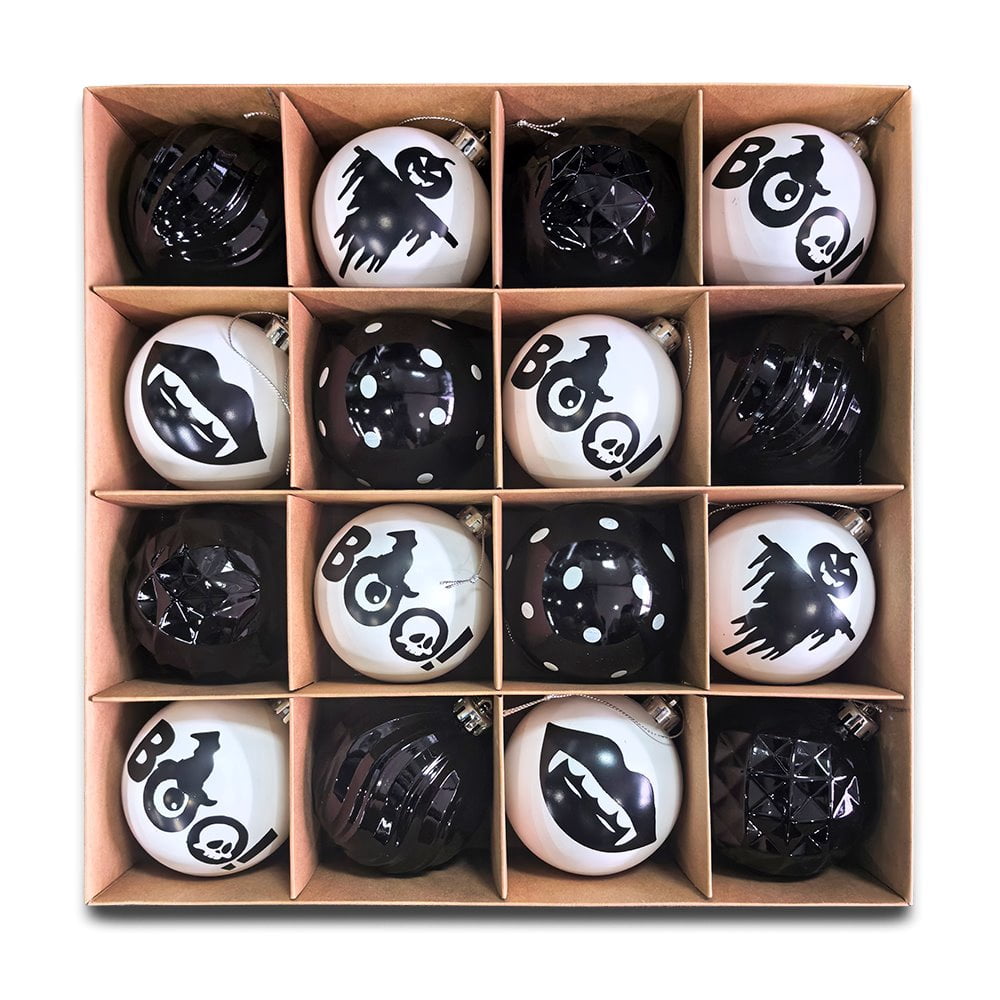 Spooksy™ Creepy Boo Assorted 16 Piece Black and White Ornament Bundle, Monochrome 3" Halloween Bauble Set