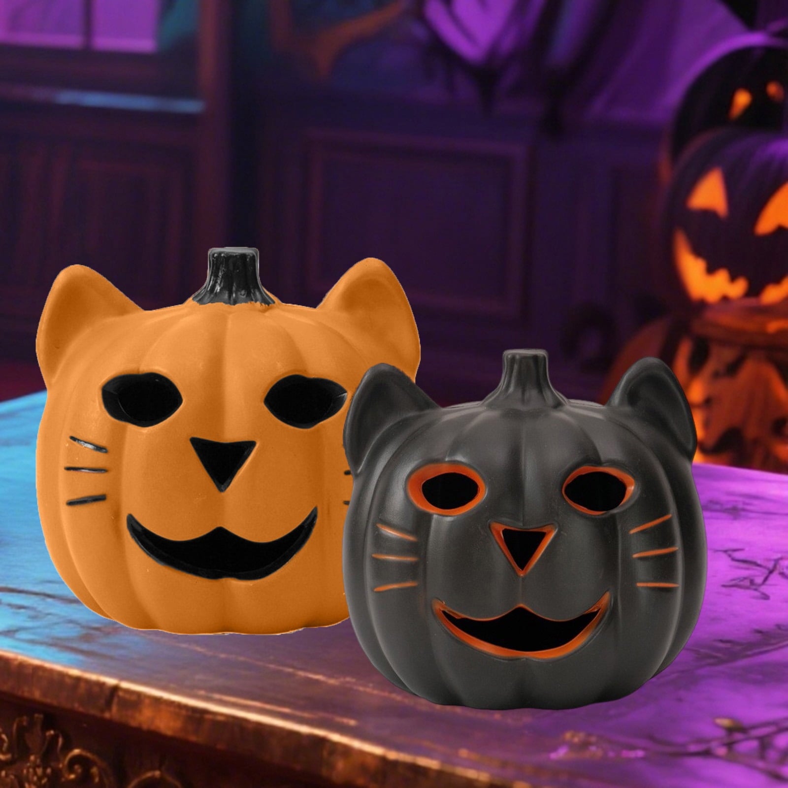 Spooksy™ Spooky Halloween Decorations Led Luminous Cat Pumpkin Ornament Orange Hollow Halloween Lights for Halloween Tabletop Decor Haunted House Ornaments