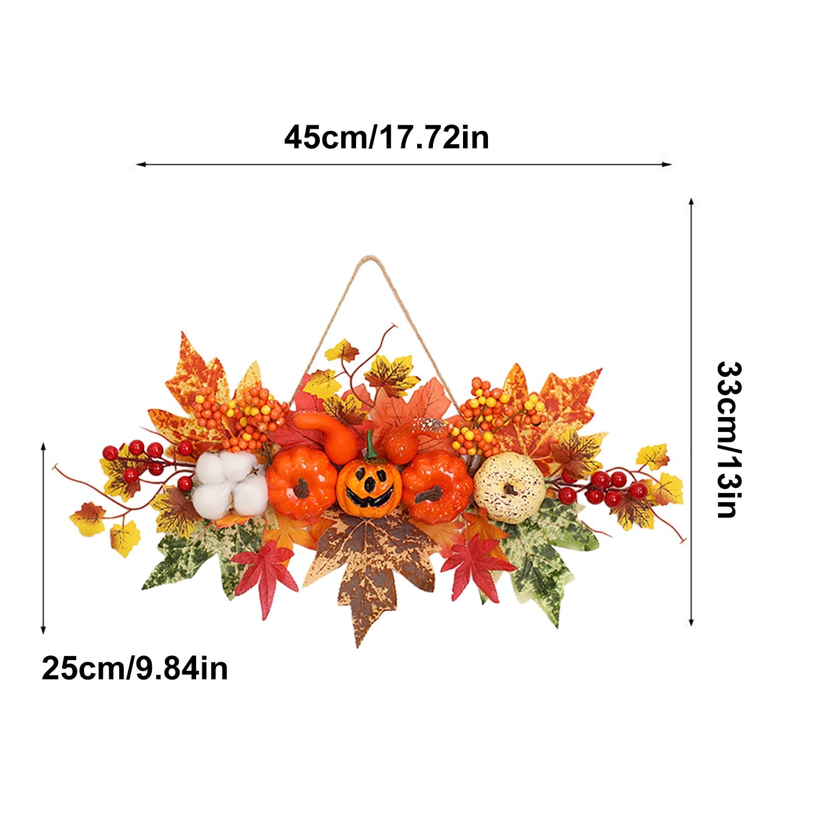 Spooksy™ Fall Harvest Pumpkin Maple Leaf Hanging Decor 18x13 Inch, Thanksgiving Halloween Door Wall Ornament with Jute Rope, Rustic Farmhouse Indoor Outdoor Porch Party Decoration