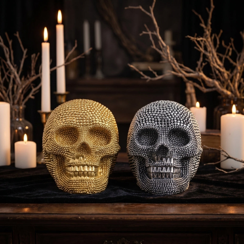 Spooksy™ GIPQJK Summerween Halloween Diamond Resin Skull Gold, Rhinestone Embellished Skeleton Head Ornament for Party Home Decor Desktop Display Gold