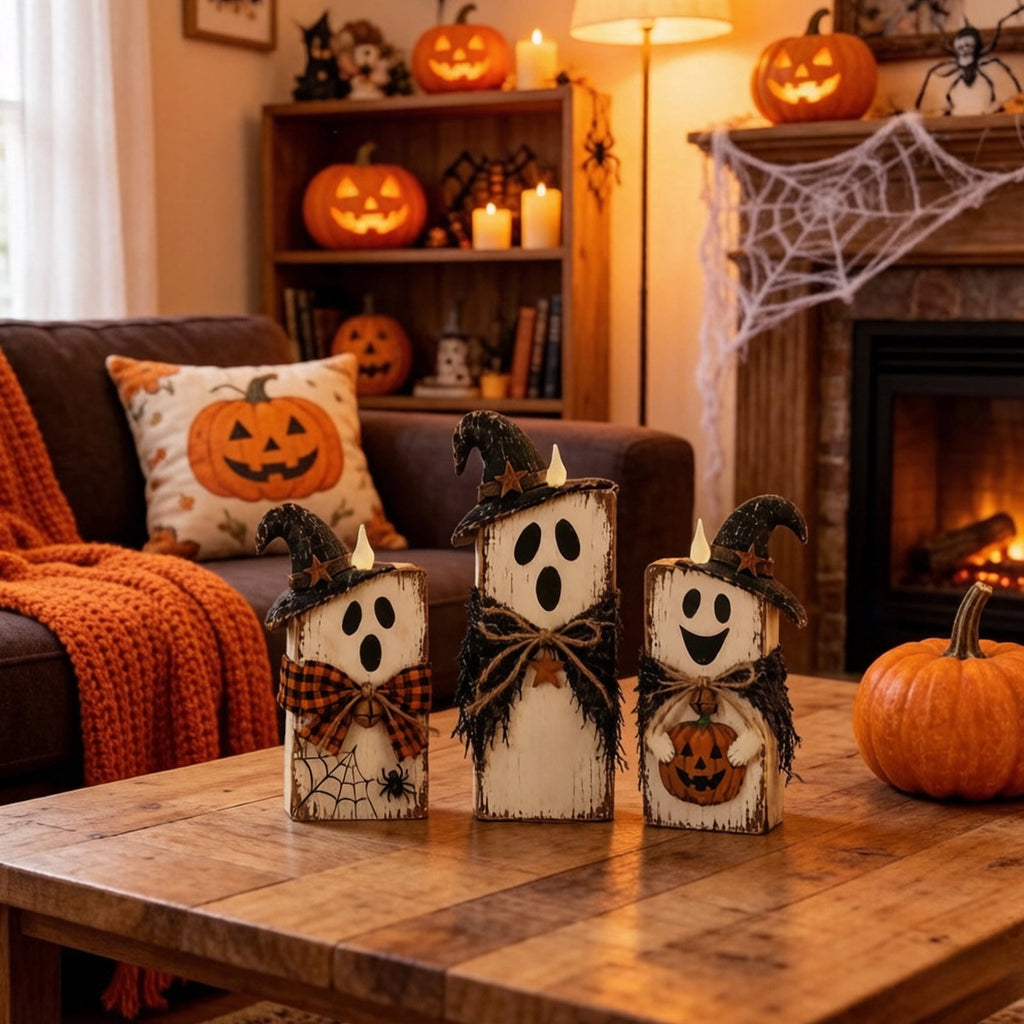 Spooksy™ PLLFRLRT Wooden Halloween Decorations Set Of 3 Fall Mantel Decor Ornaments Farmhouse Tabletop Signs with Witch Hat