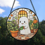 Spooksy™ Inspirational Christmas Gift - Cute Ghost Reading Book Halloween Ghost Fall Hosting Stained Glass Hanging Ornament - Sparkling Christmas Tree Decoration, Holiday Gift for Family & Friends