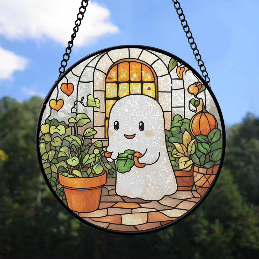 Spooksy™ Inspirational Christmas Gift - Cute Ghost Reading Book Halloween Ghost Fall Hosting Stained Glass Hanging Ornament - Sparkling Christmas Tree Decoration, Holiday Gift for Family & Friends