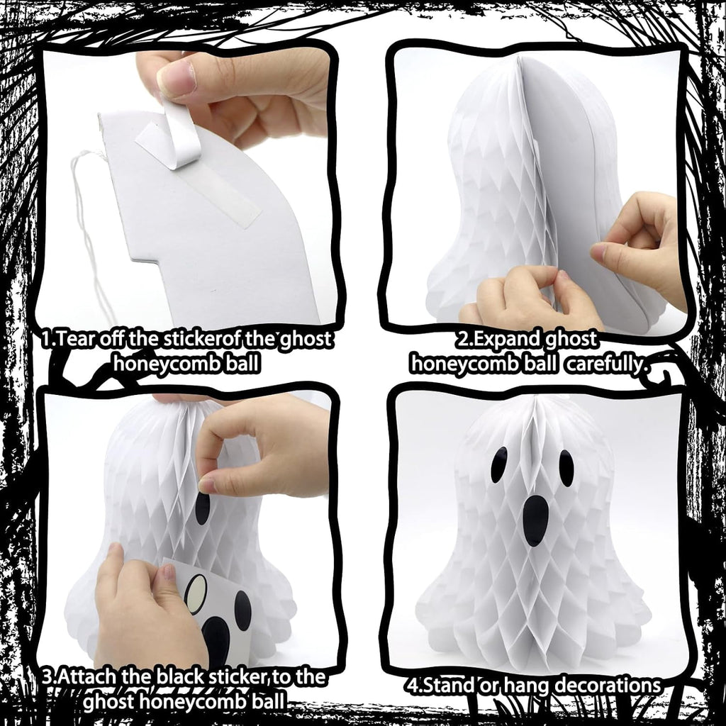 Spooksy™ 10 PCS Halloween Ornaments Hanging Cute White Black Ghost Honeycomb Decoration Halloween Tree Decorations Paper Ghost Table Decor for Home Office Classroom Holiday Party Supplies