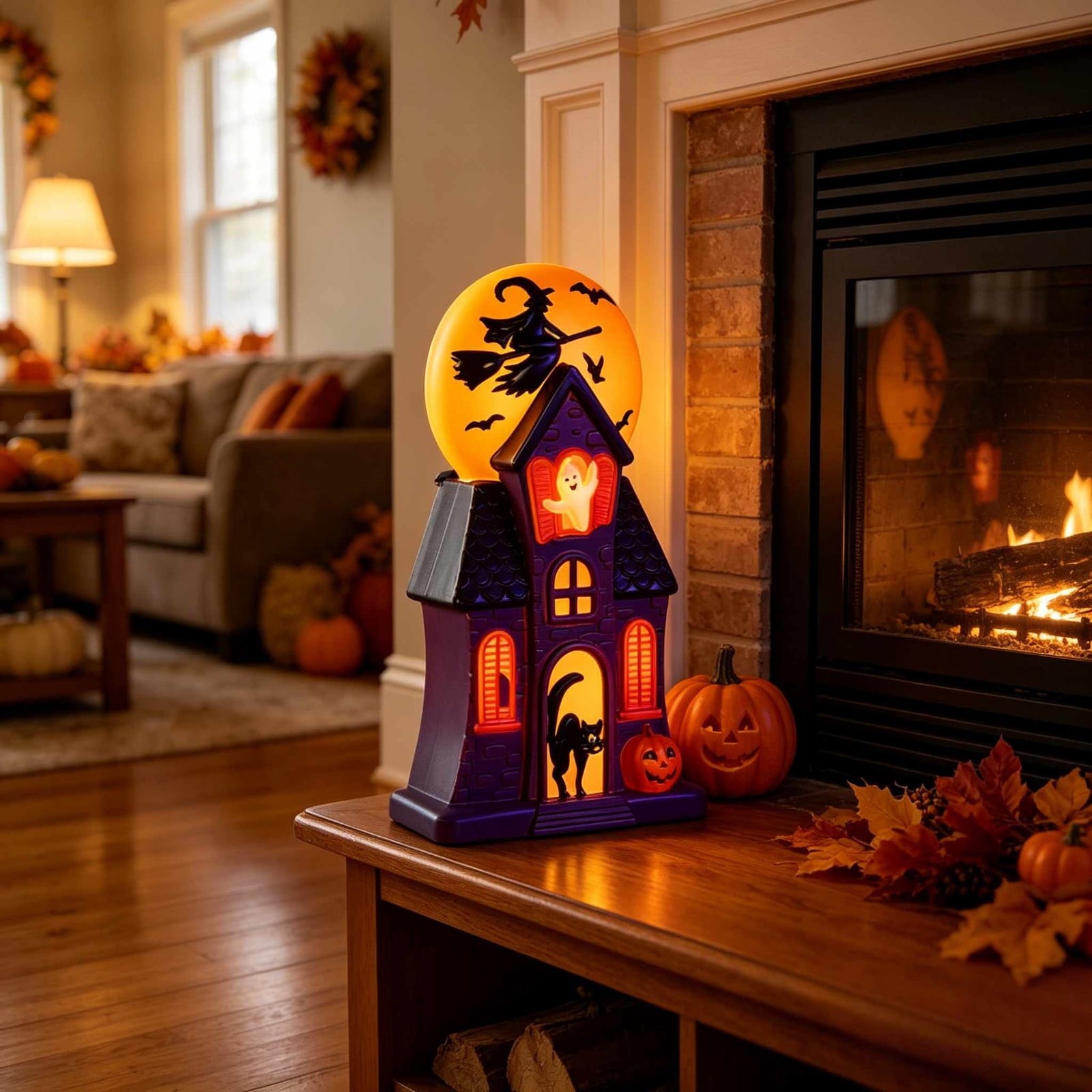 Spooksy™ 11.8 Inch Resin Light Up Spooky Halloween Manor Tabletop Decor Battery Operated LED Witch Ghost Black Cat Pumpkin Scene Lamp Mantel Shelf Indoor Halloween Party Home Seasonal Ornament