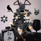 Spooksy™ Black Gothic Christmas Tree Decorations with Scary Skull Christmas Tree Skirt, Large Decorative Tree Topper Bow, 12Pcs Tree Hanging Ornaments for Winter Halloween Xmas Tree Decor