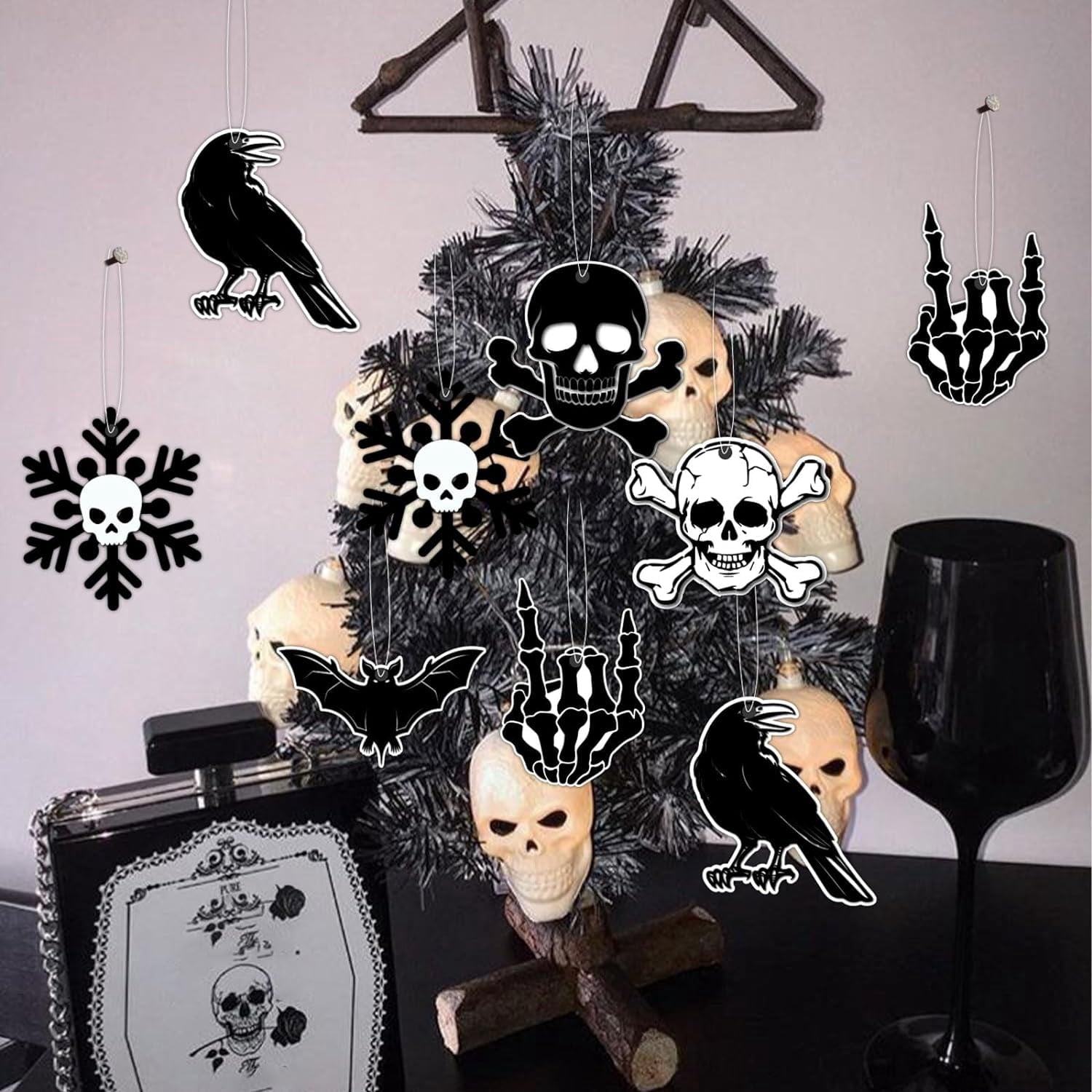 Spooksy™ Black Gothic Christmas Tree Decorations with Scary Skull Christmas Tree Skirt, Large Decorative Tree Topper Bow, 12Pcs Tree Hanging Ornaments for Winter Halloween Xmas Tree Decor