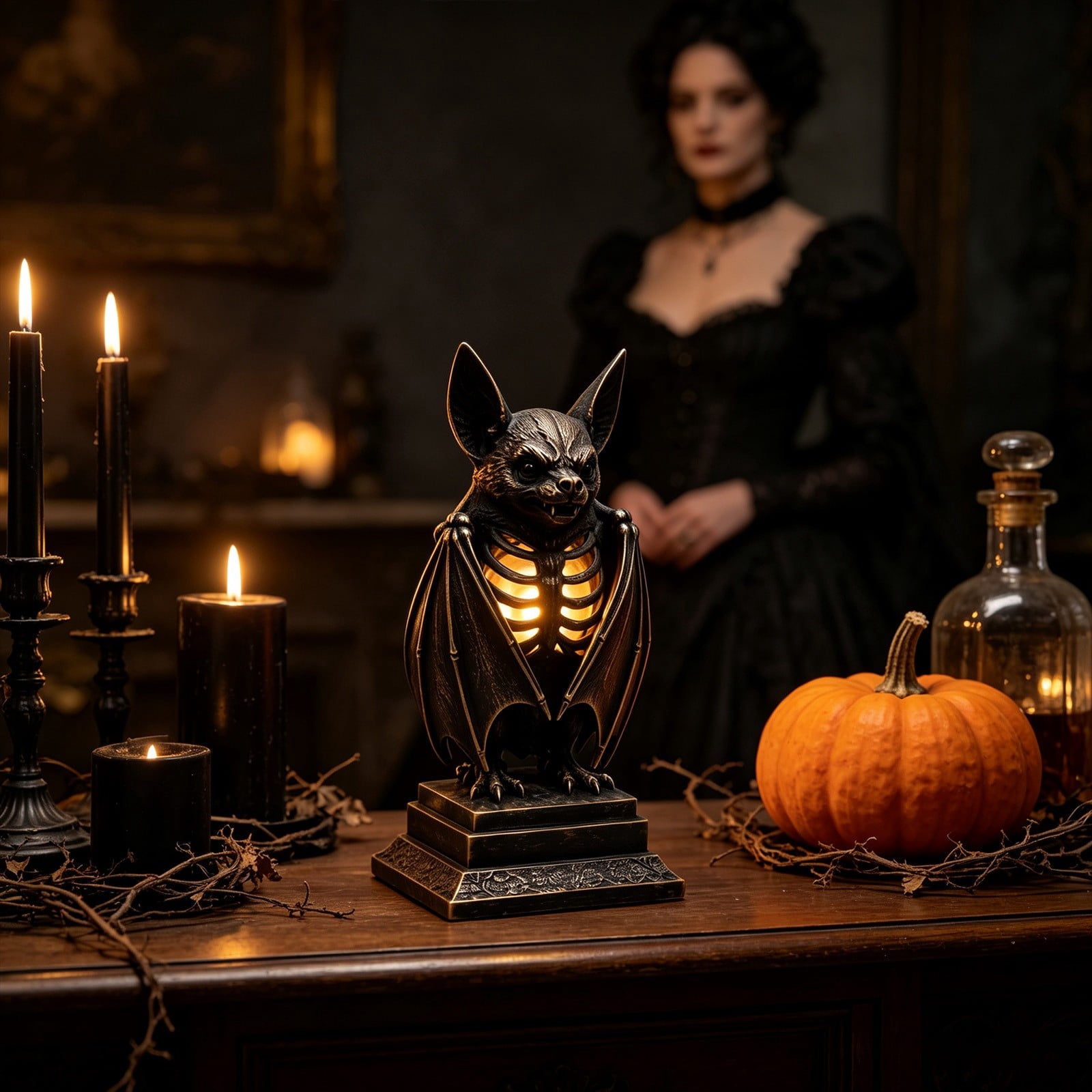 Spooksy™ Gothic Bat Skeleton Ambient Lamp, Resin LED Skull Night Light Vintage Decor, Bedside Accent Gift Haunted House Ornament, Halloween Figurine for Home Display,10.2 Inch