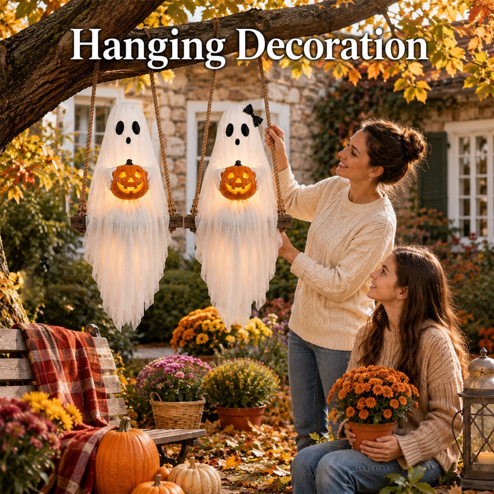 Spooksy™ Halloween Festival Ornament, Hanging Swing Ghost with LED Lights, 3.6FT Spooky Cute Ghost for Outdoor Lawn and Porch