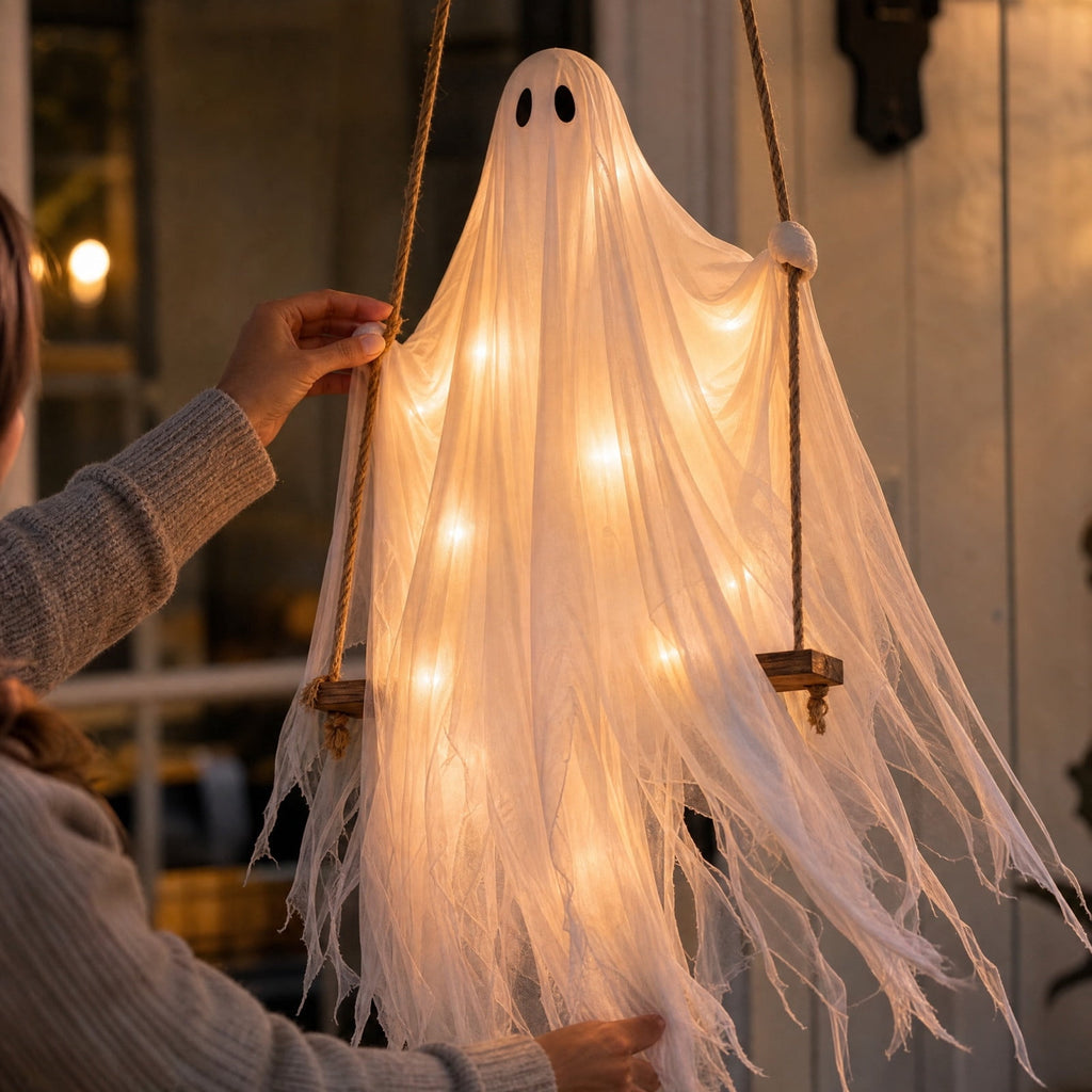 Spooksy™ Gaecuw 59 Inch Halloween Hanging Swing Ghost Decoration, Light-Up Gauze Ghost Ornament for Tree Yard Porch Outdoor Decor, As Shown