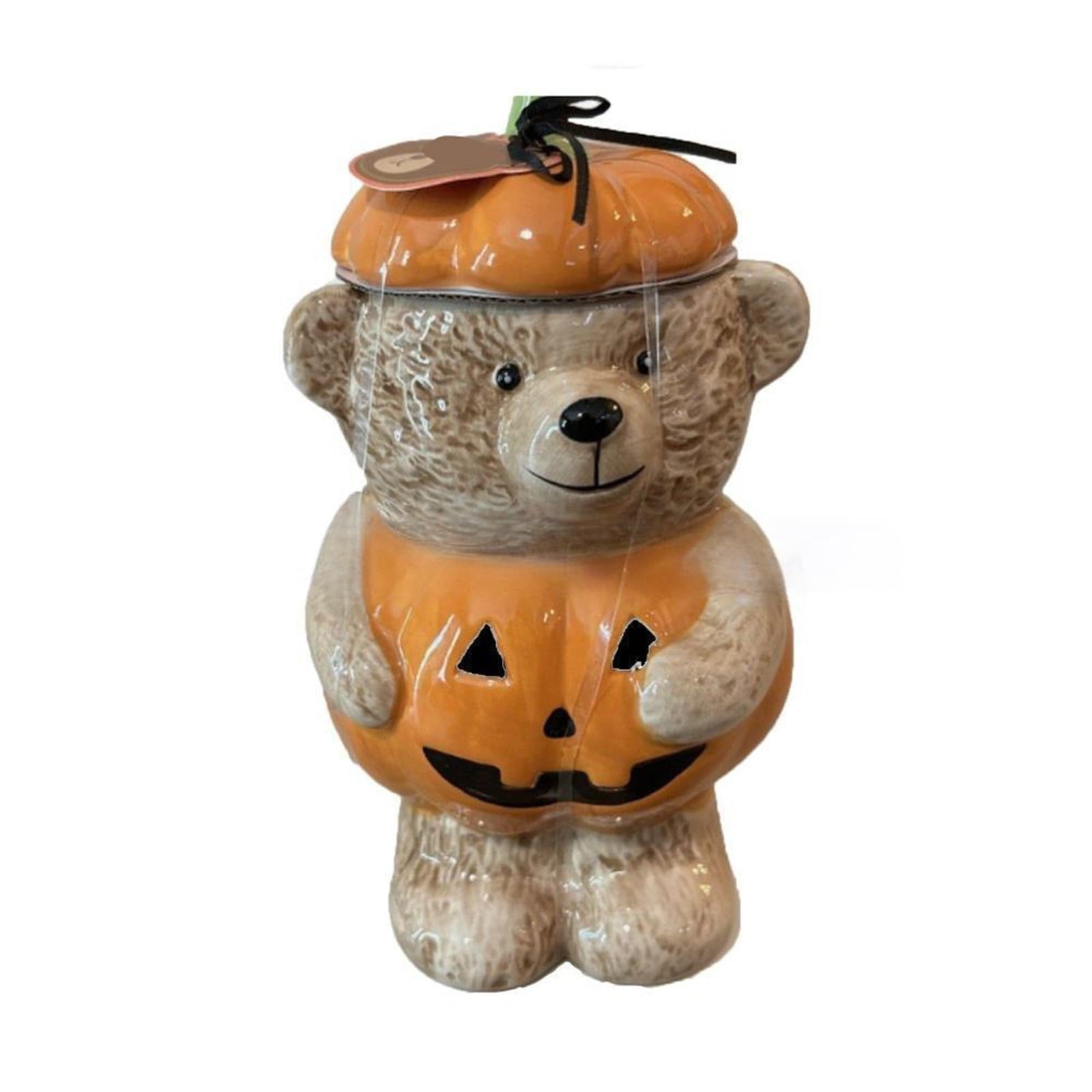 Spooksy™ Halloween Pumpkin Teddy Bear Candy Jar, Festive Snack Storage Container Decorative Resin Ornament, Cute Display Candy Holder for Kitchen Table Party Halloween Home Decoration Gift