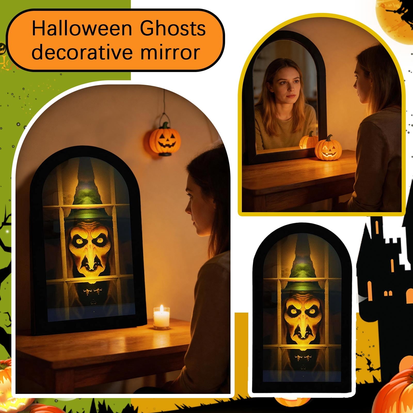 Spooksy™ Holographic Halloween Witch Mirror Decorative Metal Ornament for Holiday Ambience and Unique Festival Display