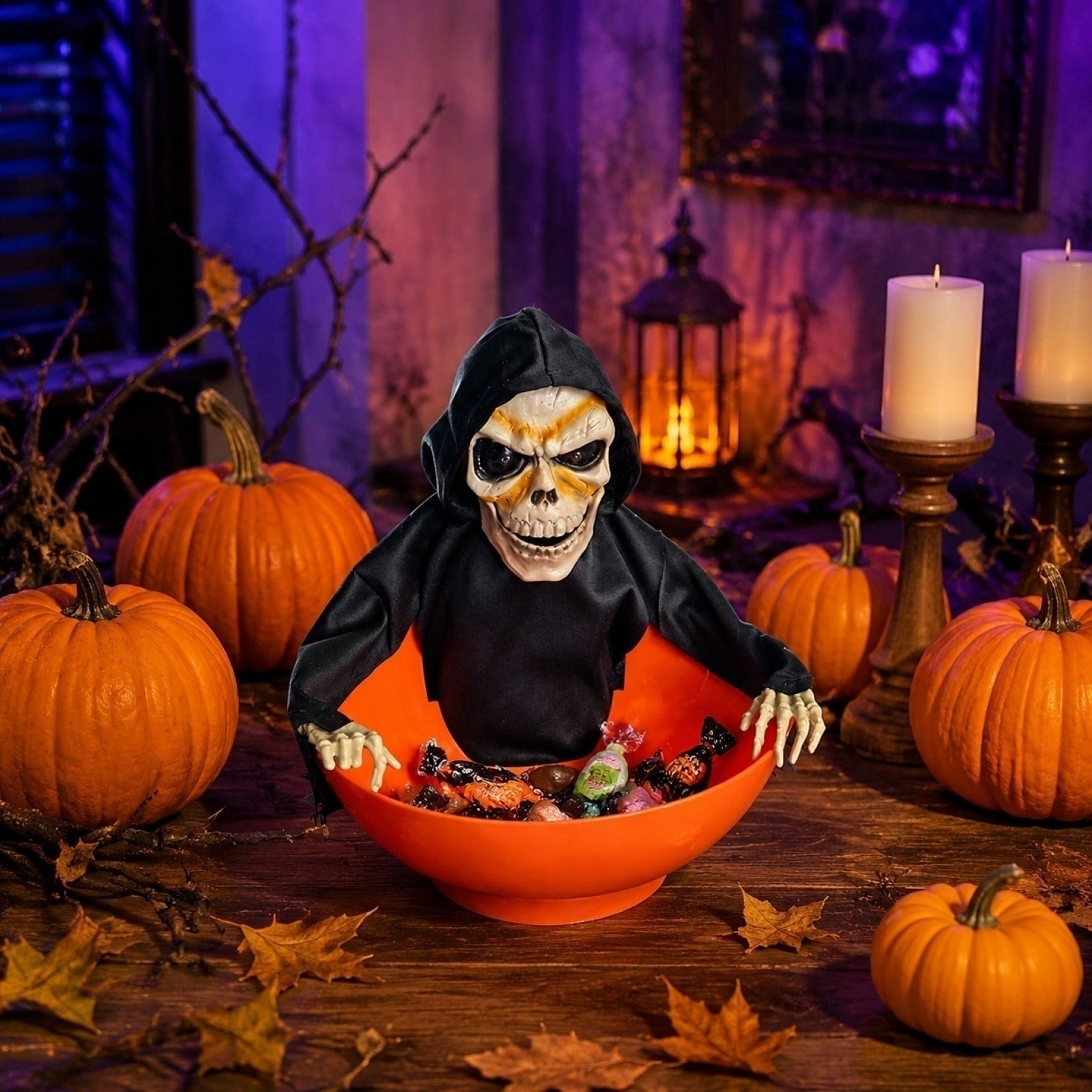 Spooksy™ GIPQJK Summerween Halloween Electric Ghost Fruit Tray Decor Light Up Sound Activated Swinging Head Motion Party Prop Plastic Ornament C