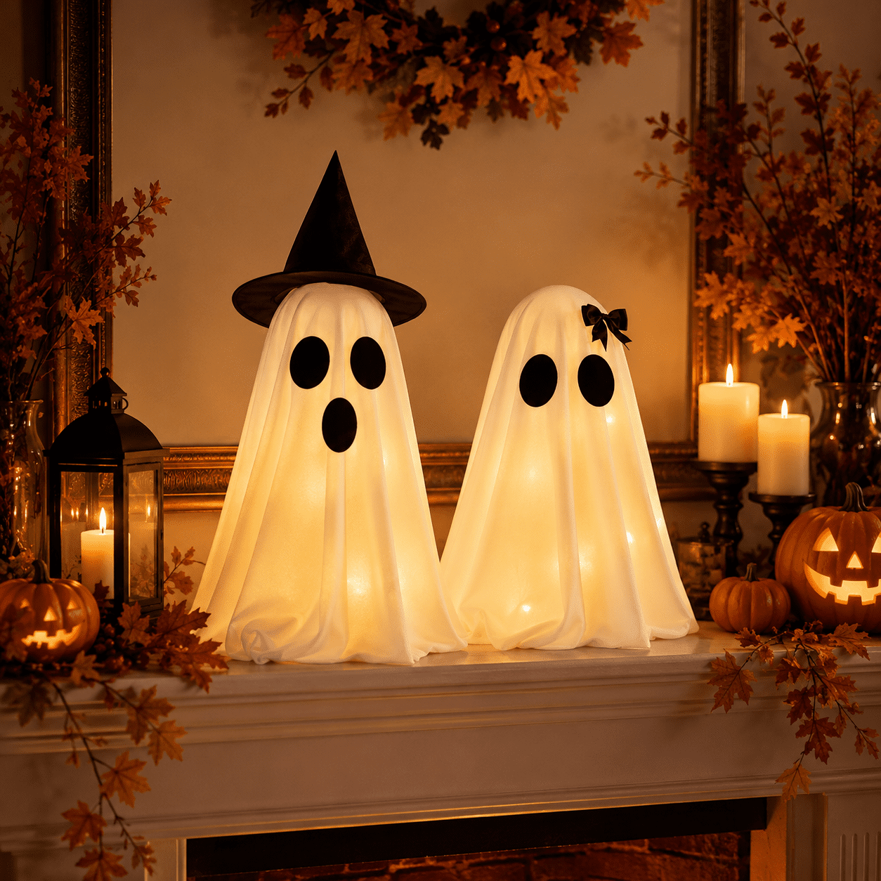 Spooksy™ 2PCS Halloween Ghost Light Set Decoration, Cute Ghost Light up for Home Halloween Party Tabletop Kitchen Counter Fireplace Mantle Decoration