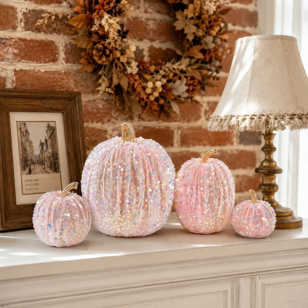 Spooksy™ Gaecuw 7 Pack Glitter Pumpkin Decor Sequin Velvet Fall Ornaments for Thanksgiving Table, Halloween Display, Mixed Sizes, Beige