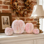 Spooksy™ Gaecuw 7 Pack Glitter Pumpkin Decor Sequin Velvet Fall Ornaments for Thanksgiving Table, Halloween Display, Mixed Sizes, Beige