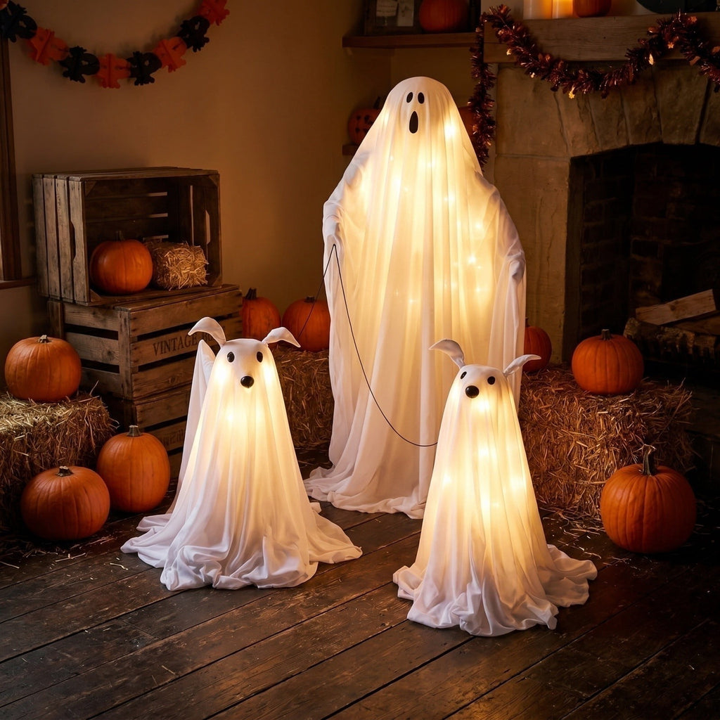 Spooksy™ Halloween Decorations, LED Lighted Ghost Walking Dog Statues, Spooky Halloween Indoor Decor for Home Tabletop Patio Garden Ornament (Ghost*1?? Ghost Dog*2)