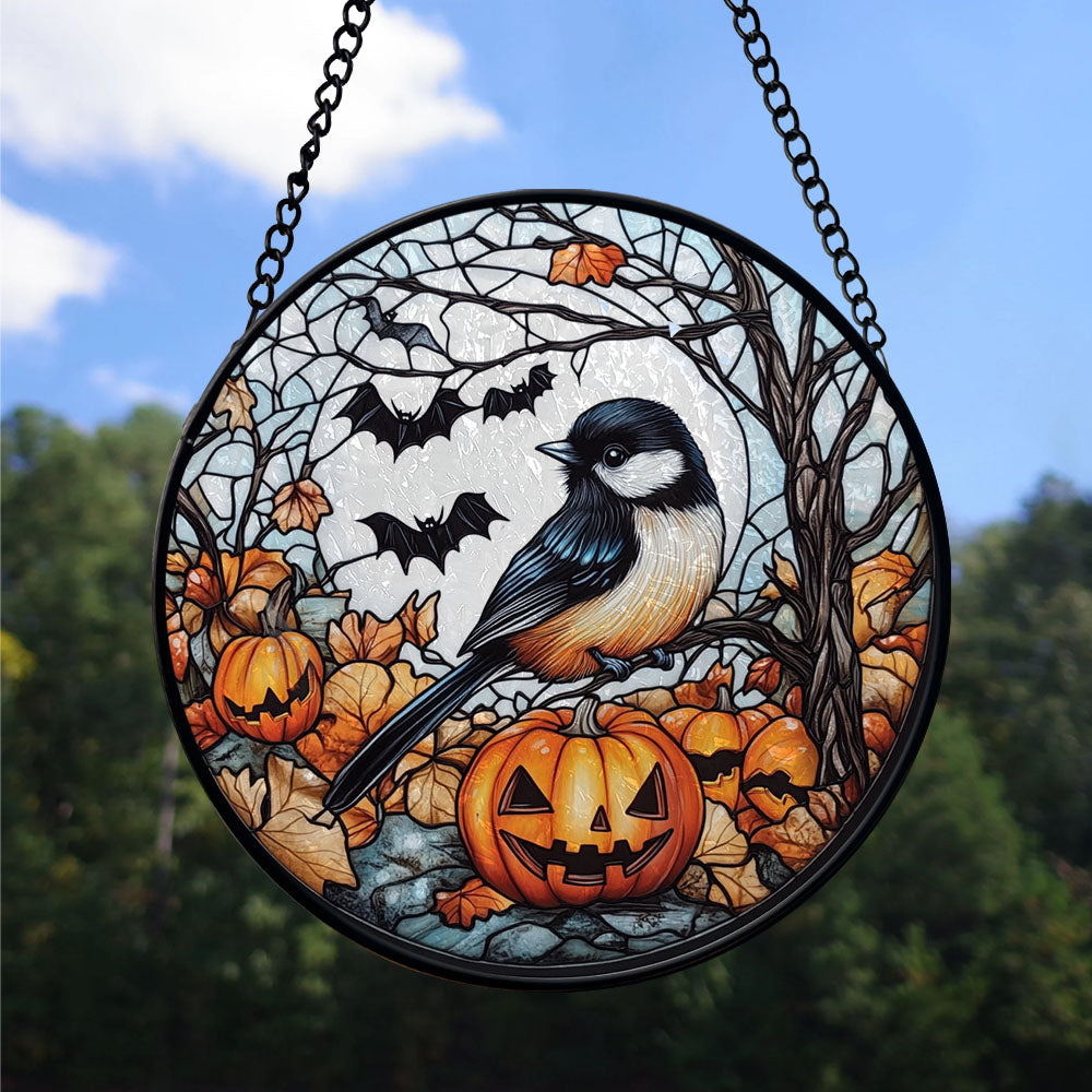 Spooksy™ Christmas Gift - Halloween Chickadee Christmas Stained Glass Hanging Ornament - Glossy Round Holiday Tree Decoration, Xmas Gift for Dad, Mom, Family & Friends, Keepsake 2025