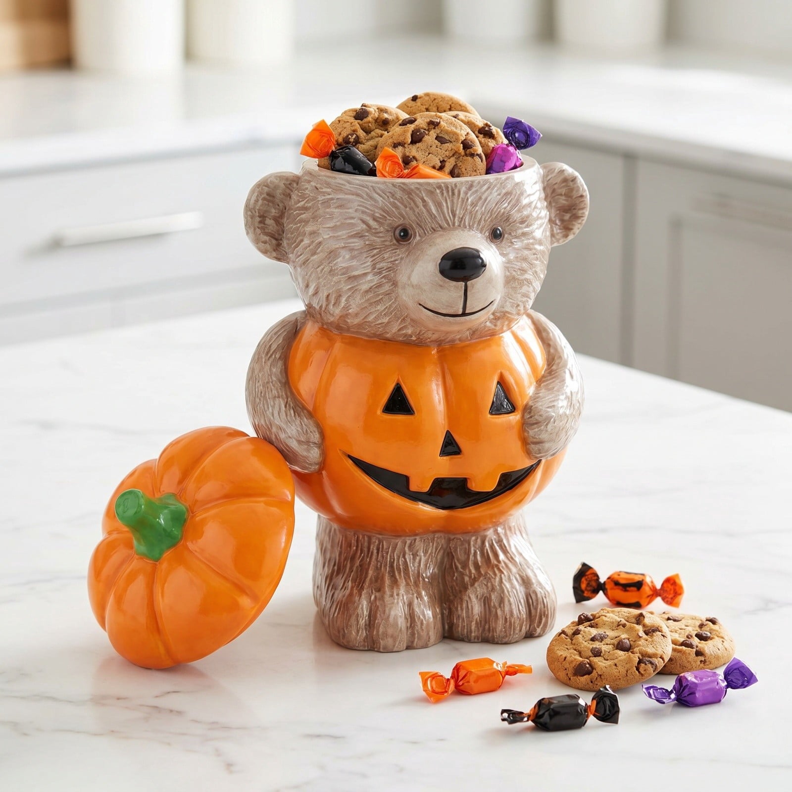 Spooksy™ Halloween Pumpkin Teddy Bear Candy Jar, Festive Snack Storage Container Decorative Resin Ornament, Cute Display Candy Holder for Kitchen Table Party Halloween Home Decoration Gift