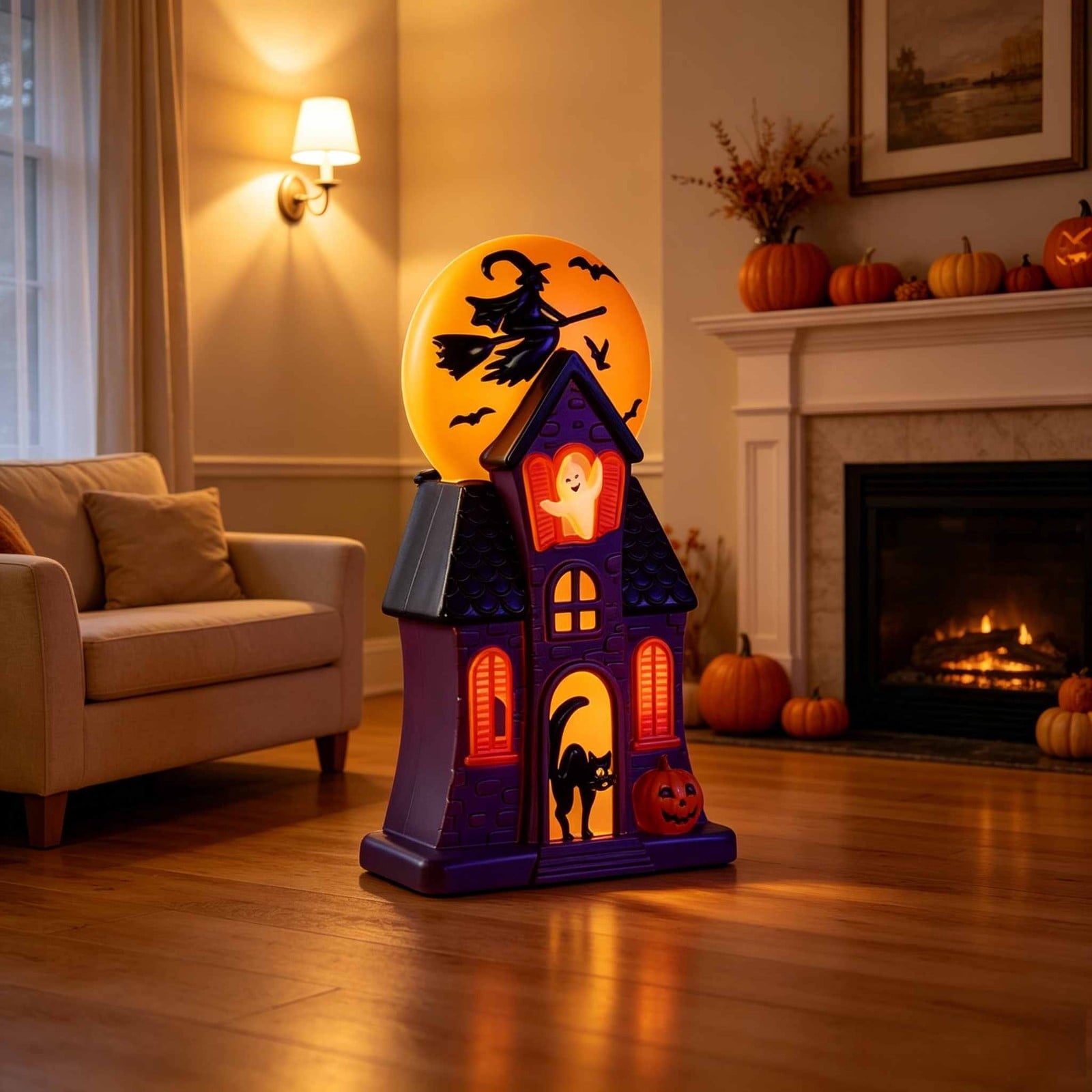 Spooksy™ 11.8 Inch Resin Light Up Spooky Halloween Manor Tabletop Decor Battery Operated LED Witch Ghost Black Cat Pumpkin Scene Lamp Mantel Shelf Indoor Halloween Party Home Seasonal Ornament