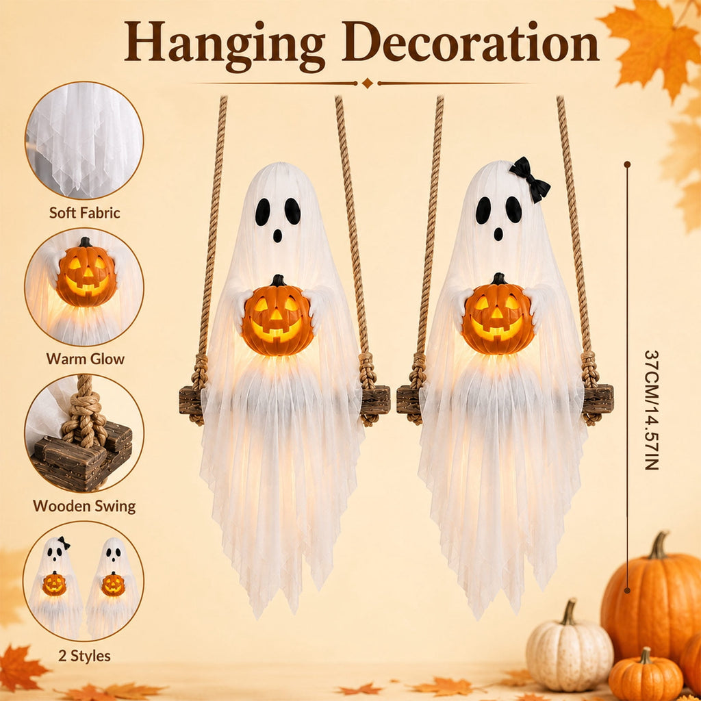 Spooksy™ Halloween Festival Ornament, Hanging Swing Ghost with LED Lights, 3.6FT Spooky Cute Ghost for Outdoor Lawn and Porch